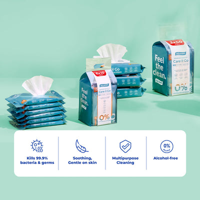 Alcean 0% Alcohol Antibacterial Wipes 50 Wipes (3 Packs / 9 Packs)