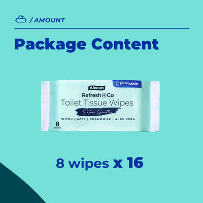 Alcean Flushable Toilet Tissue Wipes 8 Wipes (8 Packs / 16 Packs)