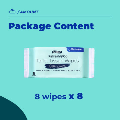 Alcean Flushable Toilet Tissue Wipes 8 Wipes (8 Packs / 16 Packs)